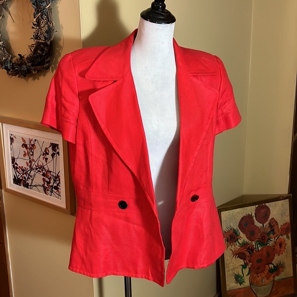 Linda Allan's ELLEN TRACY Size 14 Linen Blazer Textured monochromatic tomato red - Picture 3 of 16